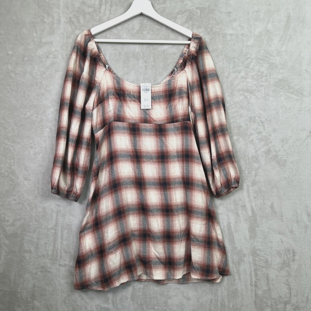 Hollister Plaid Smocked Back Mini Dress Women's XL Peasant Boho Cottagecore NWT